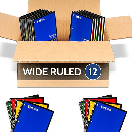 EPI Spiral Notebook | 5 Subject - Wide Ruled - 180 Sheets, Durable Spiral Binding | 10.5 x 8 in | Classroom Supplies | School, Office, Note Taking, Journaling - 12 Pack