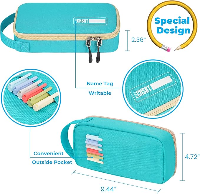 ECHSRT Big Pencil Case, Aesthetic Portable Zipper Pencil Bag with Hidden Pocket, Special Pouch for Men Women Adults, Stationery Organizer Pen Cases for Office Travel, Teal