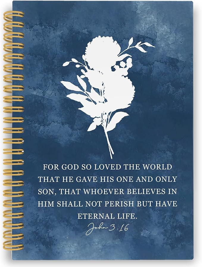 XPH Blue Christian Spiral Notebook, John 3:16 Bible Verse Journaling Notebooks for Women, Floral Religious Hardcover Journals for Writing 160 Pages 5.5 x 8.3 Inch, Christian Gifts for Women