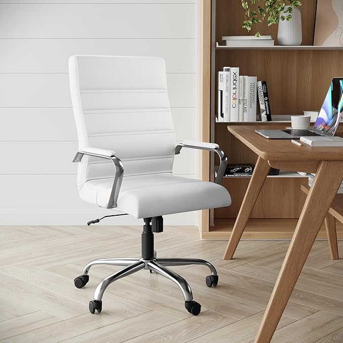 Flash Furniture Whitney High-Back Swivel LeatherSoft Desk Chair with Padded Seat and Armrests, Adjustable Height Padded Office Chair, White/Chrome