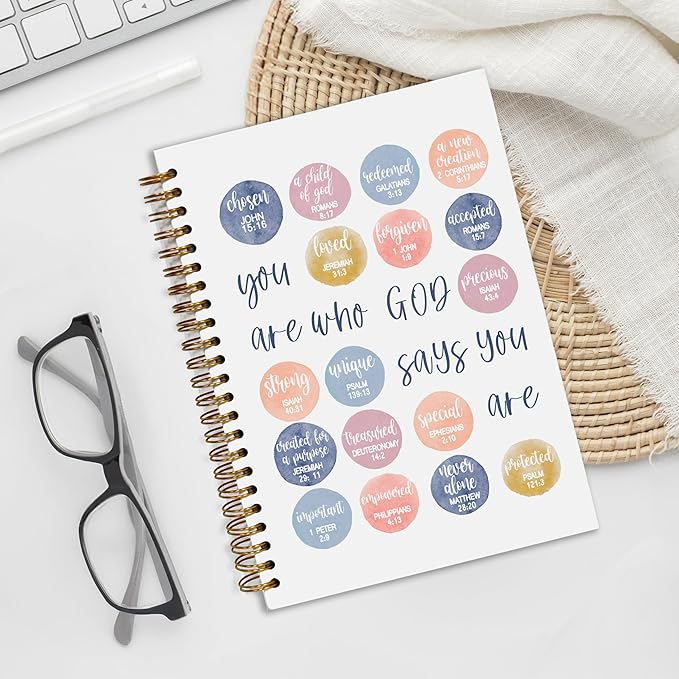 Bible Notebook, A5 Spiral Christian Journal Bible Verse-God Says You Are, Inspirational Notebooks for Women, Bible Study, Gift for Birthday Christmas, Office Supplies (Light blue)