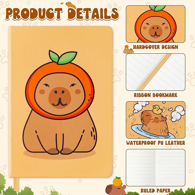 B1ykin Hardcover Ruled Journal Notebook with Planner Stickers, 196 Pages PU Leather Journal Notebook Journals Diary Notepad for Writing Travel Business Work School College Note Taking (Capybara)