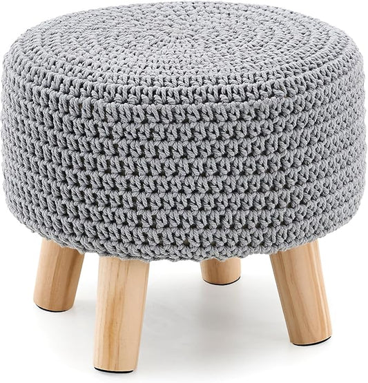Boho Ottoman Foot Stool Cotton Knitted Round Pouf Ottoman Foot Rest Stool with Non-Skid Wooden Legs Step Stool Padded Seat for Living Room Gray