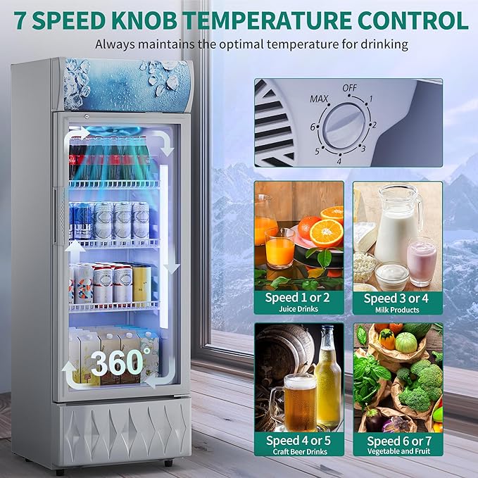 YITAHOME 6.9 CU.FT. Beverage Display Refrigerator with One Glass Door, Commercial Drink Beer Fridge Cooler for Home Office with Customized Light Box 7 Speed Control 3 Ajustable Shelves and Locking