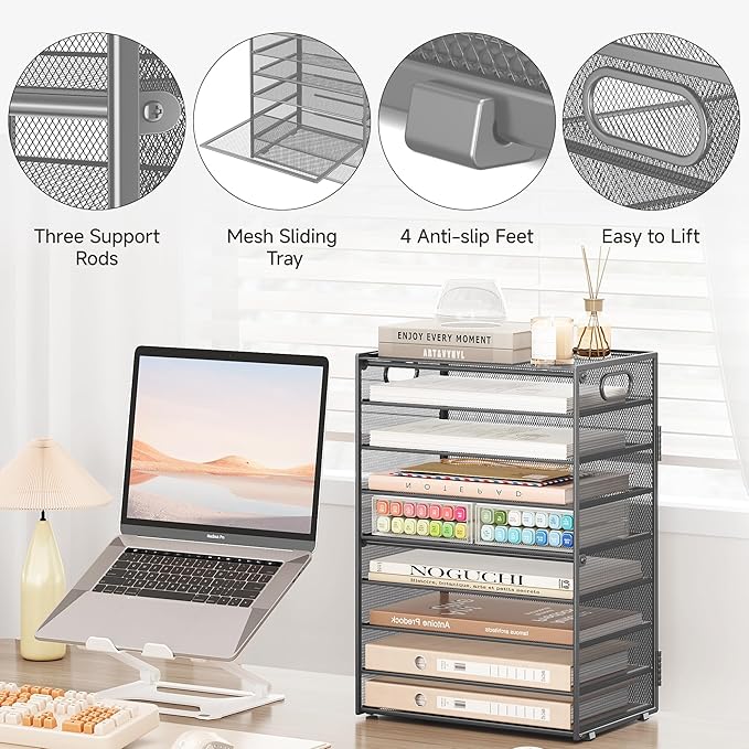 SUBEKYU 9 Tier Paper Organizer for Desk - Gray Metal Mesh Letter Tray File Paper Sorter Organizer Include 6 Pcs Adjustable Height Slid Tray with Handles for Office School Home Organization Storage