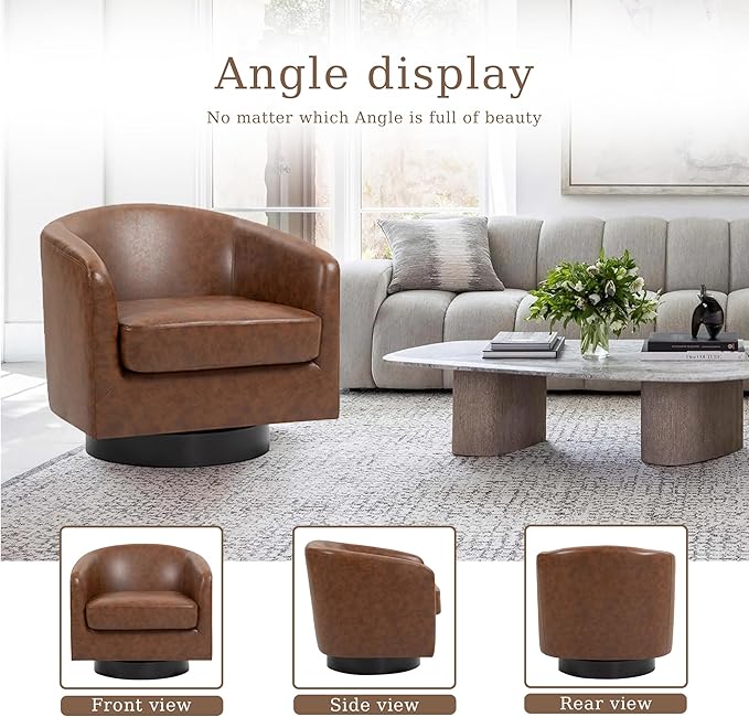 UIXE Faux Leather Swivel Accent Chairs Set of 2, Modern Upholstered Barrel Chairs for Living Room, Comfy Round Armchair Single Sofa Bedroom Reading Seat - 31" W, Coffee