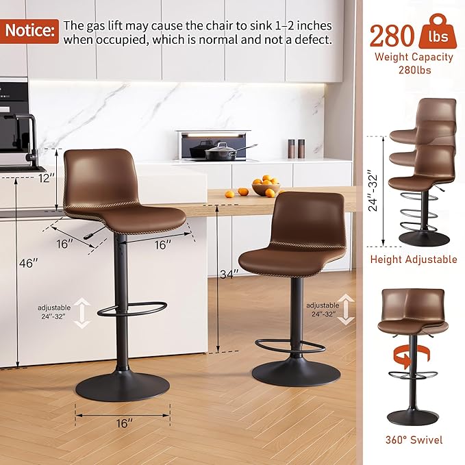 HeuGah Bar Stools Set of 6, Swivel Counter Height Barstools with Back, Adjustable Height 24" to 32", Brown Faux Leather Bar Chairs for Kitchen Island (Brown, Set of 6 (24'' to 32''))
