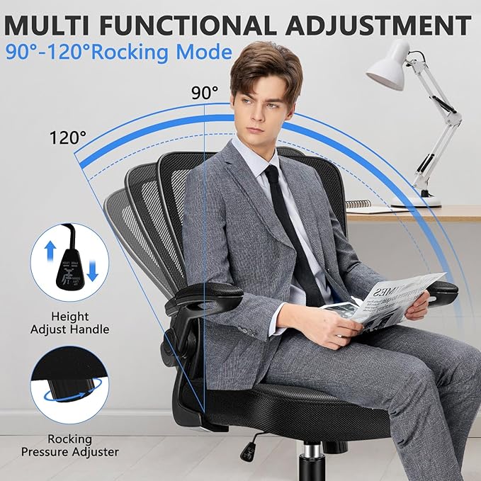 Desk Chairs with Wheels, Ergonomic Mesh Office Chair Adjustable Height and Swivel Lumbar Support Home Office Chair with Flip Up Armrests (8PK)