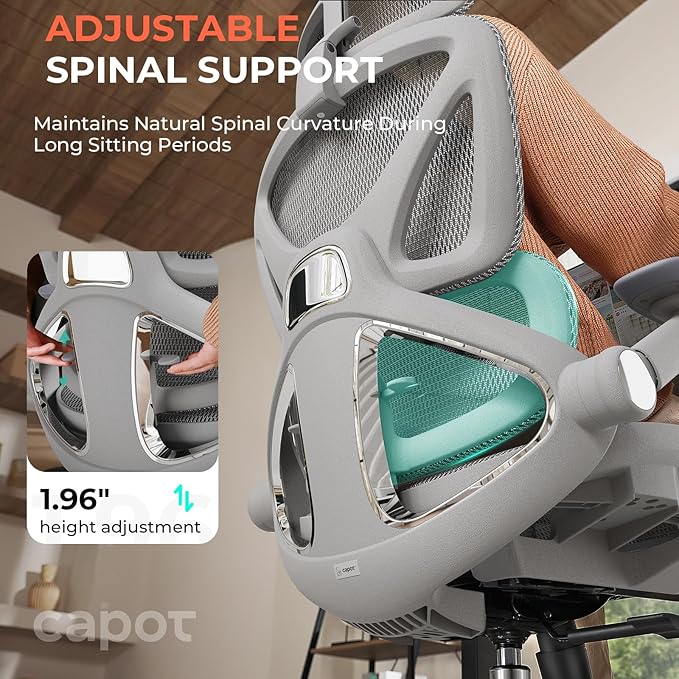 CAPOT Ergonomic Mesh Office Chair, Adjustable Lumbar High Back Desk Chair 400lbs, 4D Flip-up Arms, 3 Tilt Backrest, 3D Headrest, PU Wheels, Swivel Rolling Computer Seating for Long Desk Work - Grey