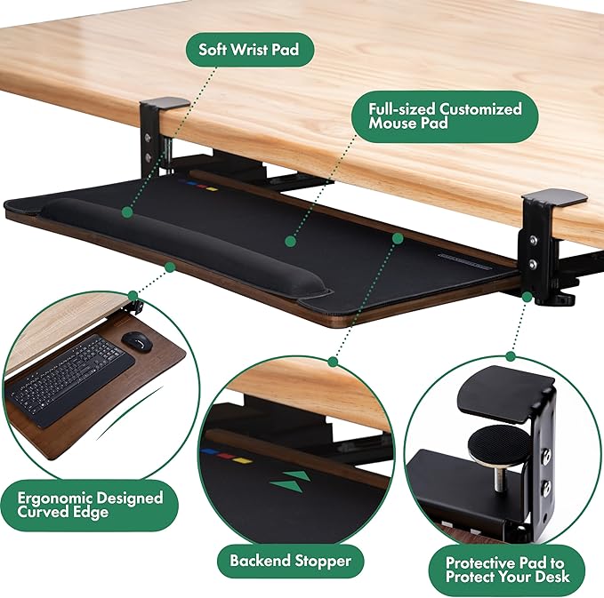 D'vine Dev Under Desk Keyboard Tray with Wrist Rest Bamboo Wood Keyboard Drawer with Full Size Mouse Pad, Walnut Color, KBT-2