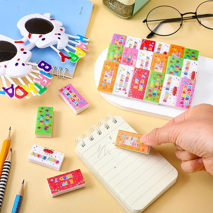 100 Pcs Happy Birthday Erasers Bulk Mini Erasers for Classroom Fun Assortment Birthday Gifts for Back to School Teacher Reward Party Supplies, 8 Styles, 1.6 Inch