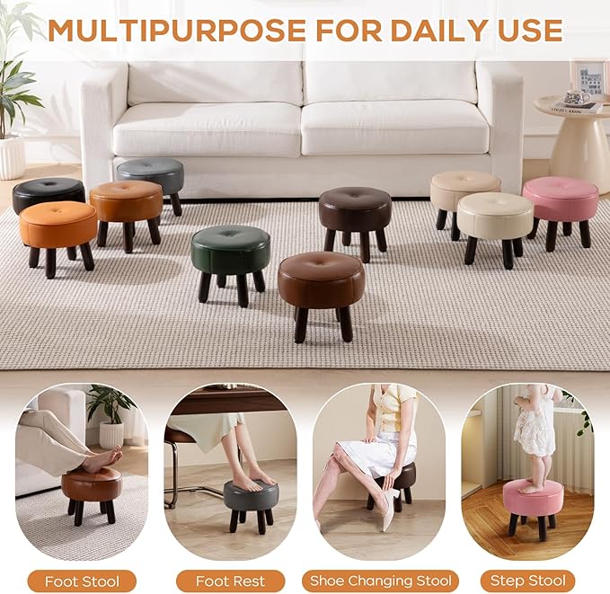 Small Foot Stool Ottoman, Round Pouf Foot Rest, Footstool Ottomans with Rubber Legs Under Desk, Faux Leather Footrest for Couch, Living Room, Bedroom, Hallway, Office, 13''L x 13''W x 10.2''H