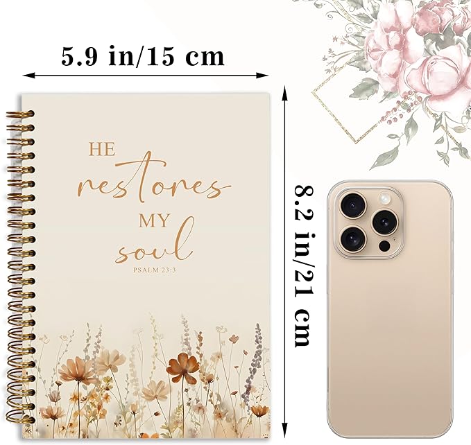 Bible Notebook, A5 Spiral Christian Journal, Bible Verse-He Restores My Soul, Inspirational Notebooks for Women, Bible Study, Gift for Birthday Christmas, Office Supplies (Light coffee color)