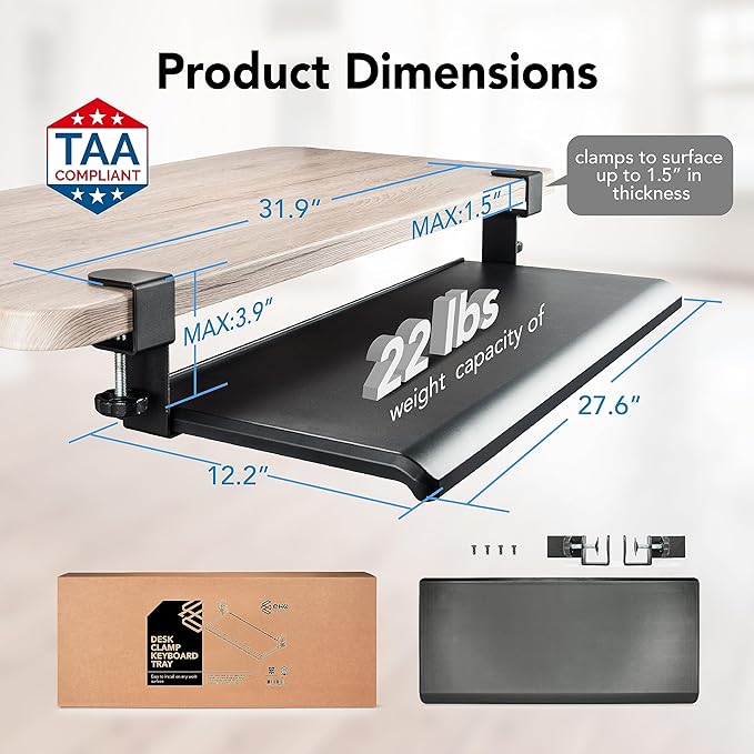 EHO Clamp-On Retractable Adjustable Keyboard Tray, Under Desk Ergonomic Keyboard Tray - Easy Tool-Free Install - Large Surface 27.5" (31.8" Including Clamps) x 12.5" Home & Office