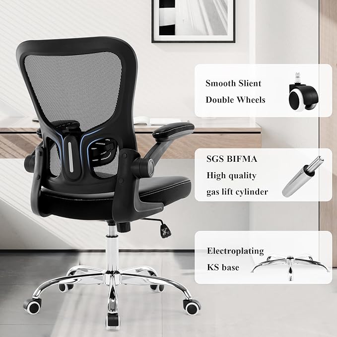 Office Chair, Mesh Ergonomic Desk Computer Chair with PU Leather Flip-up Armrest, Home Task Chair with Lumbar Support, Adjustable Executive Mid Back, Rolling Swivel,Black
