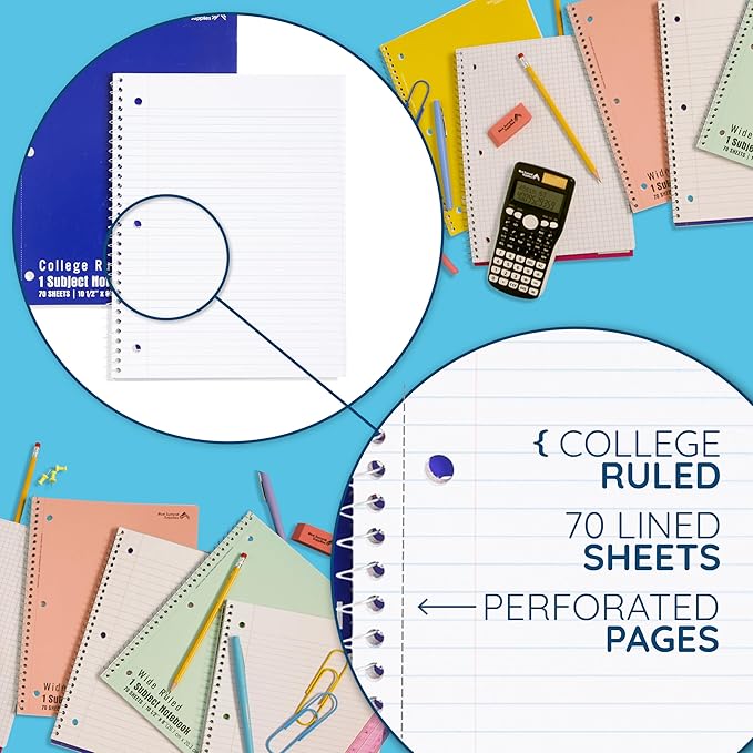 Blue Summit Blue Spiral Notebooks Bulk, One Subject Spiral Notebook College Ruled, Perforated Notebook, 8 x 10.5 for Work and School, Paper, College Ruled, Bulk 48 Pack