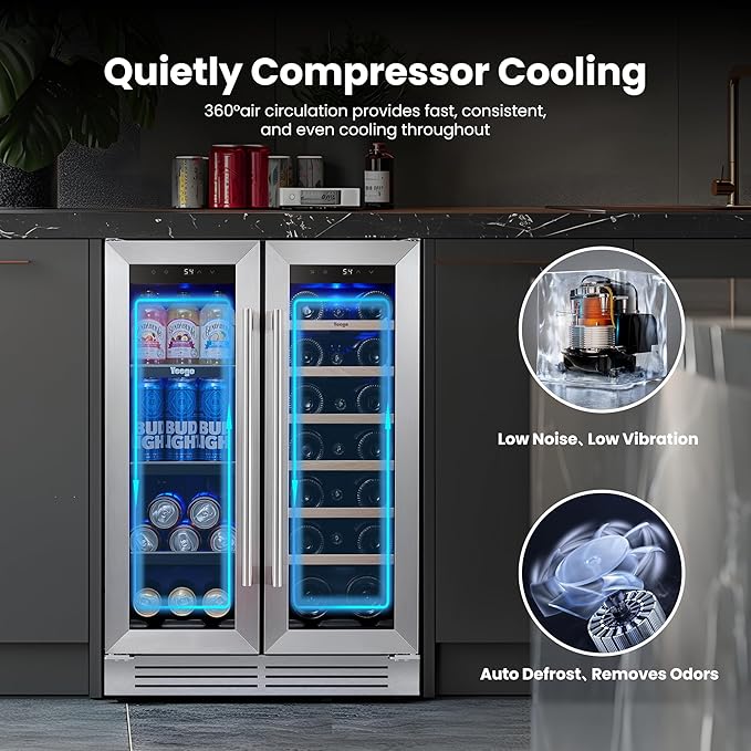 Yeego Wine & Beverage Refrigerator, 24 Inch 60 Cans and 20 Bottles Dual Zone Wine Cooler with Glass Door, 36-72°F Drink Cooler for Built-in or Freestanding, For Kitchen,Bar or Office