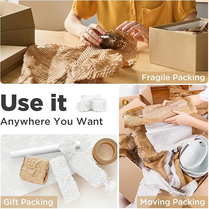 Honeycomb Packing Paper, 12"x150' White | Perforated Honeycomb Packing Paper Recyclable Moving Supplies for Shipping & Moving | Plastic-Free Alternative to Bubble Cushion Wrap with 36 Fragile Stickers