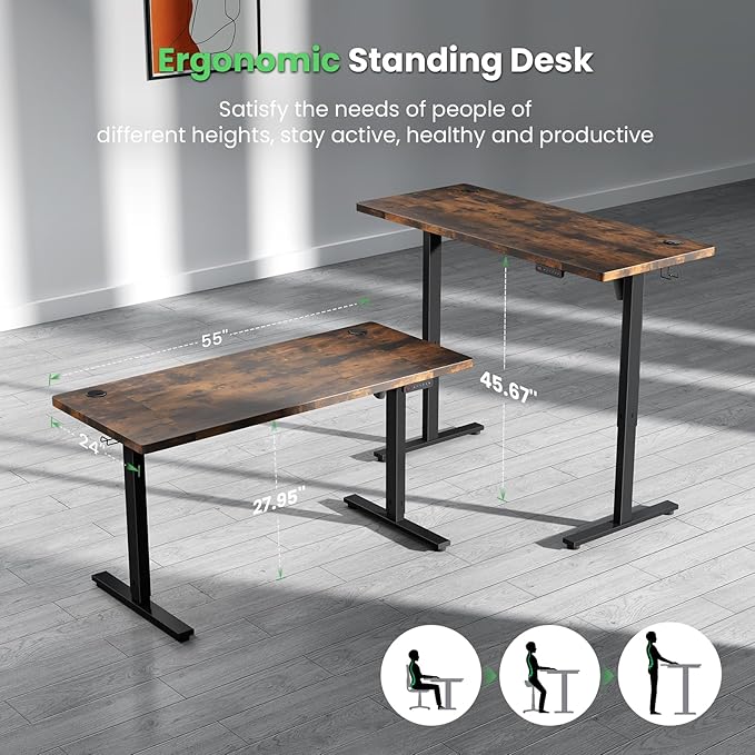 SIAGO Electric Standing Desk Adjustable - 55 x 24 Inch Sit Stand up Desk with Cable Management - 3 Memory Preset Adjustable Height Table