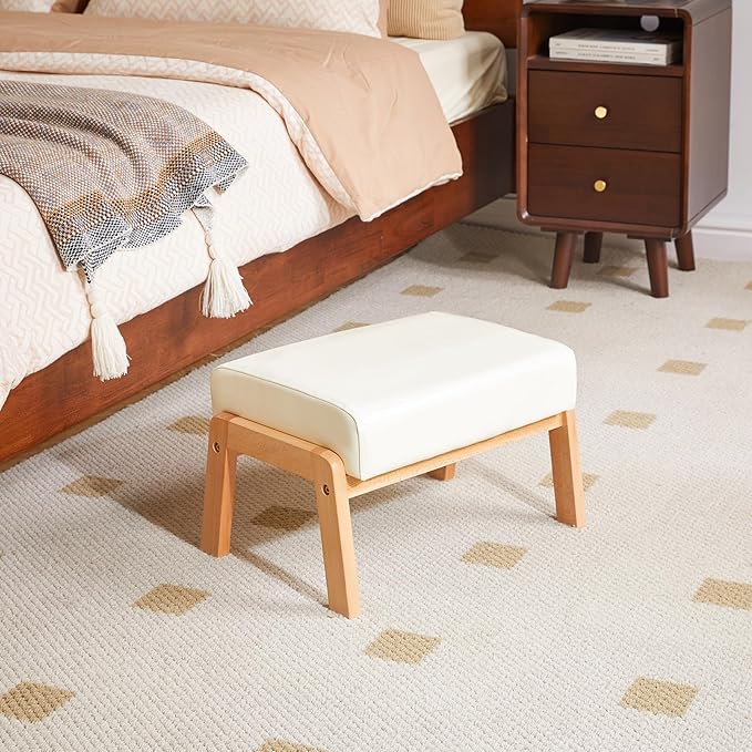 IBUYKE 10.2” H Small Foot Stool Ottoman, Rectangle PU Faux Leather Foot Rest with Padded Seat and Wood Legs, Modern Accent Ottoman Foot Rest for Living Room Bedroom Couch Office, White WBD013W