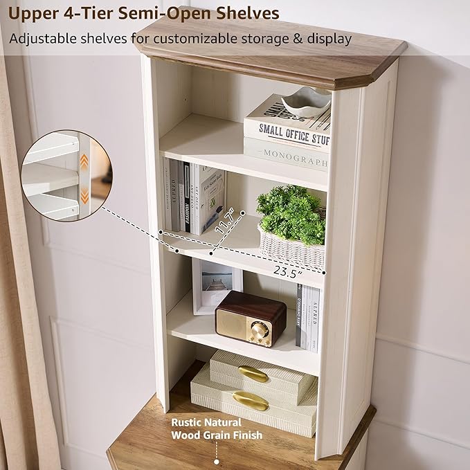 T4TREAM 6-Tier Bookcase with 2 File Drawers, 72" Tall Farmhouse Bookshelf with Storage & Adjustable Shelves, Wooden Floor Standing Display Book Shelf Organizer for Home Office, Antique White