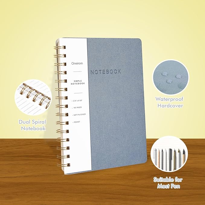 Spiral Notebook -A5 College Ruled Journal with Inner Pockets and 160 Pages,PU Leather Cover Business Journal, Twin-Wire Binding Notebook Perfect for Office & Home School Supplies - ReefBlue/NavyBlue