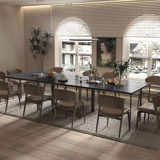 Bonzy Home Conference Tables 12ft Office Computer Desk for Meeting Room Study Writing Printer Table Save Space Design for 14 People Rustic Vintage Black 6PCS 141.6"x47.2"x29.5",Black