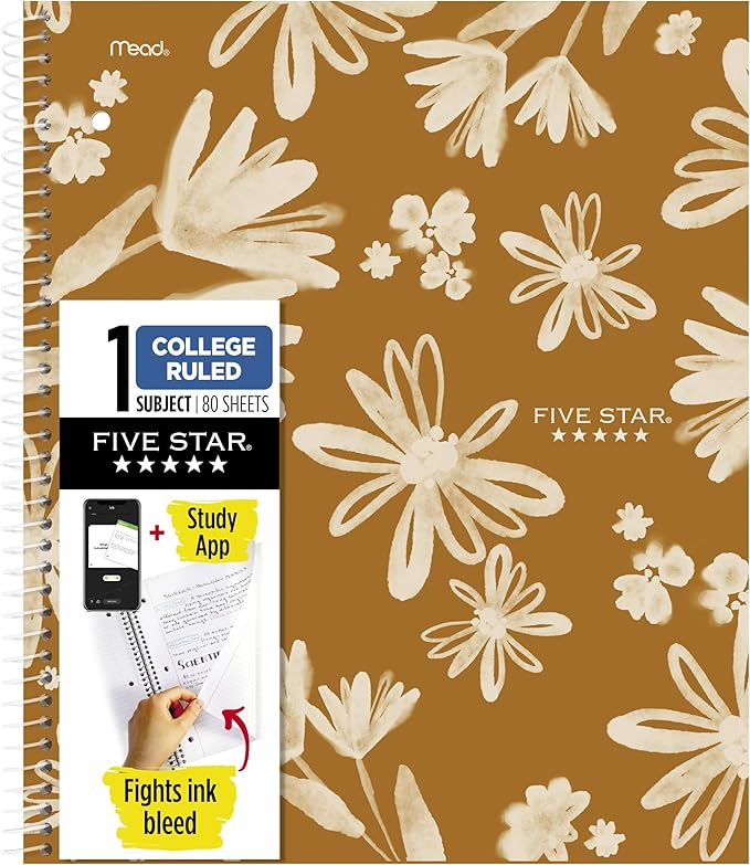 Five Star Spiral Notebook + Study App, 1 Subject, College Ruled Paper, 8-1/2" x 11", 80 Sheets, Fights Ink Bleed, Water Resistant Cover, Soft Petals Harvest (820442F-ECM)