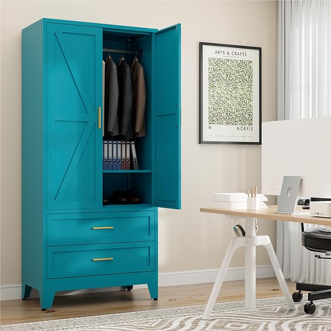 71" Tall Metal Wardrobe Cabinet with 2 Drawers and Hanging Rod, 2 Doors Armoire Wardrobe Closet with Shelf for Bedroom, Office, Laundry Room, Blue