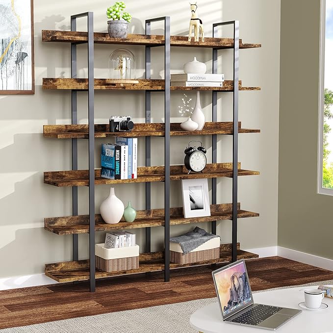 FRAPOW 83Inch Industrial Bookshelf and Bookcase, Double Wide 6 Tier Large Vintage Book Shelf with Metal Frame Open Bookshelves for Living Room Home Office