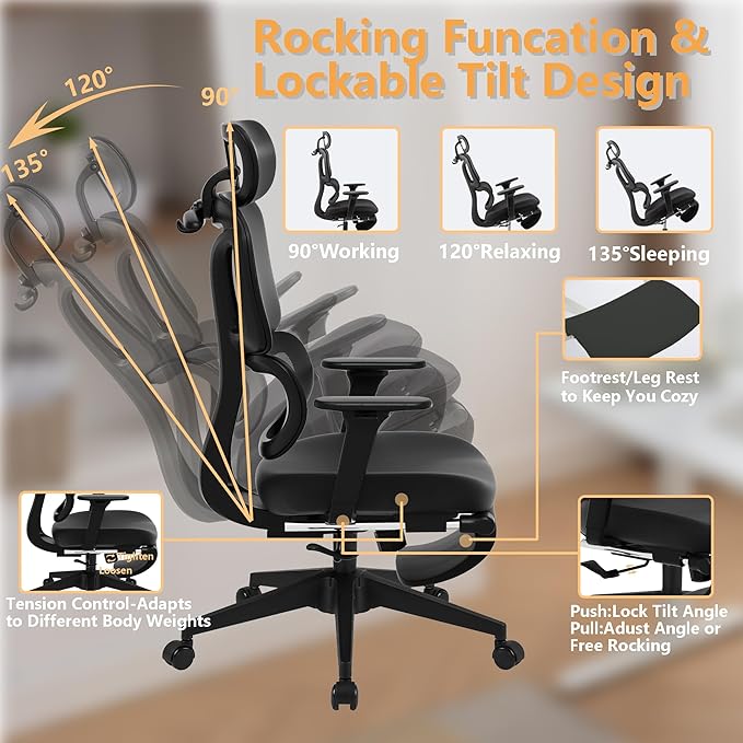 FLEXISPOT ErgoX-S Big and Tall Mesh Office Chair, Computer Desk Chair Adjustable Swivel with Footrest Lumbar Support Headrest and 360°Rotation for Home Office, Black Foam