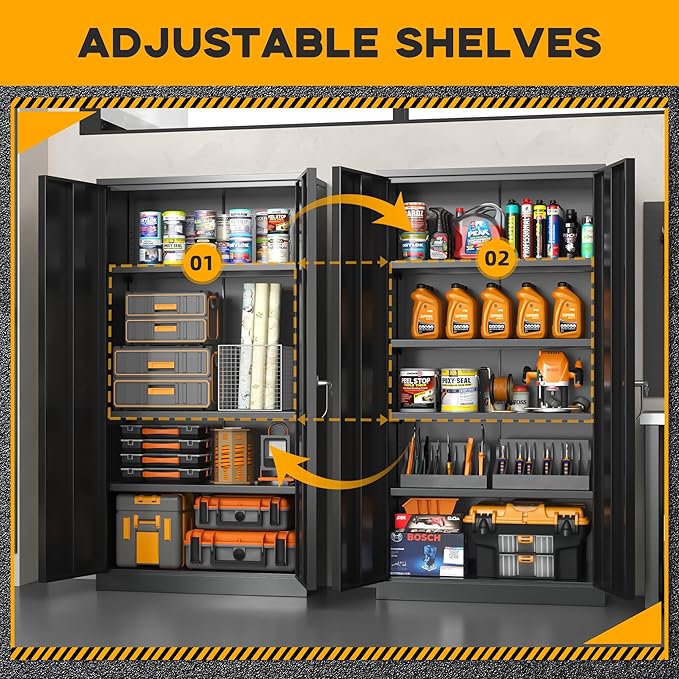 INTERGREAT Garage Storage Cabinets with Lock,72" H Metal Storage Cabinet with Doors and Adjustable Shelves, Steel Tool Cabinet for Garage, Office, Warehouse, School, Black