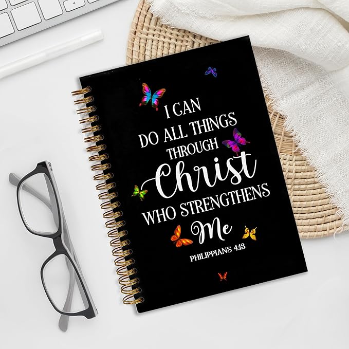 Bible Notebook, A5 Spiral Christian Journal Notebook,I Can Do All Things Through Christ Who Strengthens Me, Inspirational Notebooks for Women, Bible Study, Gift for Birthday Christmas, Office Supplies