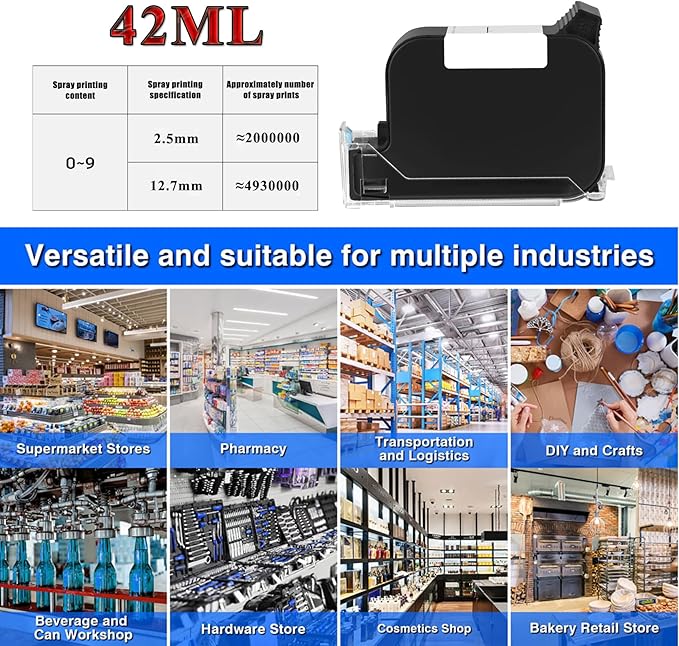 Original Ink Cartridge for 1580P1 Handheld Inkjet Printer, Quick-Drying Ink Replacement 42ml, Black Inkjet Ink Cartridge for Handheld Printer, Inkjet Coder Cartridge for Various Materials