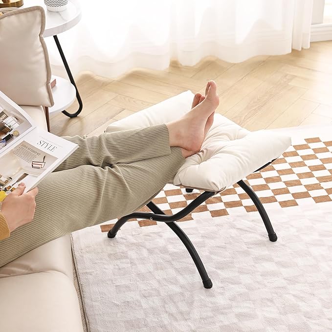 LITA 2 Pcs Folding Upholstered Footrest Stool, Modern Small Portable Accent Ottoman with Detachable Thick Cotton Cushion, Padded Sofa Stool with Metal Frame, Living Room & Bedroom,Velvet Beige