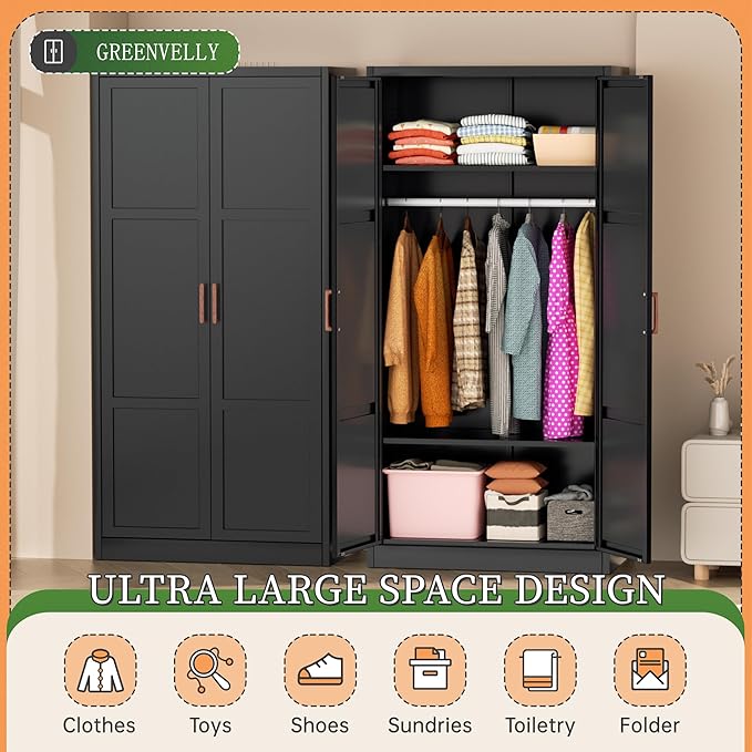 Greenvelly Metal Wardrobe Cabinet, 72" Black Armoire Metal Wardrobe Closet for Hanging Clothes with Wooden Handle, Modern Clothes Cabinet for Home, Office,Bedroom, School,Gym