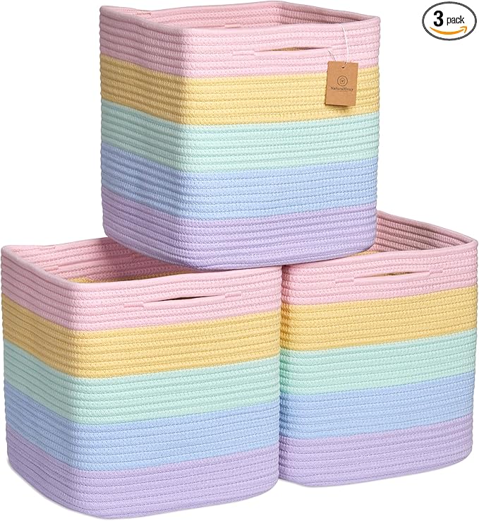 NaturalCozy Storage Cubes 11 Inch Cotton Rope Woven Baskets for Organizing, 3-Pack | Cube Storage Bin | Square Storage Baskets for Shelves Organizer, Classroom, Kids Toy Bins, Closet, Baby Nursery