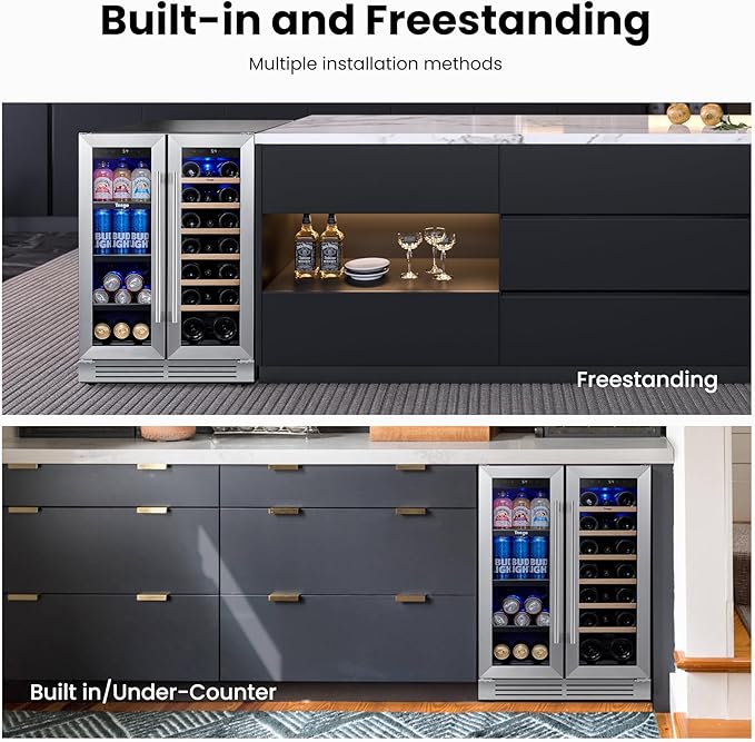 Yeego Wine & Beverage Refrigerator, 24 Inch 60 Cans and 20 Bottles Dual Zone Wine Cooler with Glass Door, 36-72°F Drink Cooler for Built-in or Freestanding, For Kitchen,Bar or Office