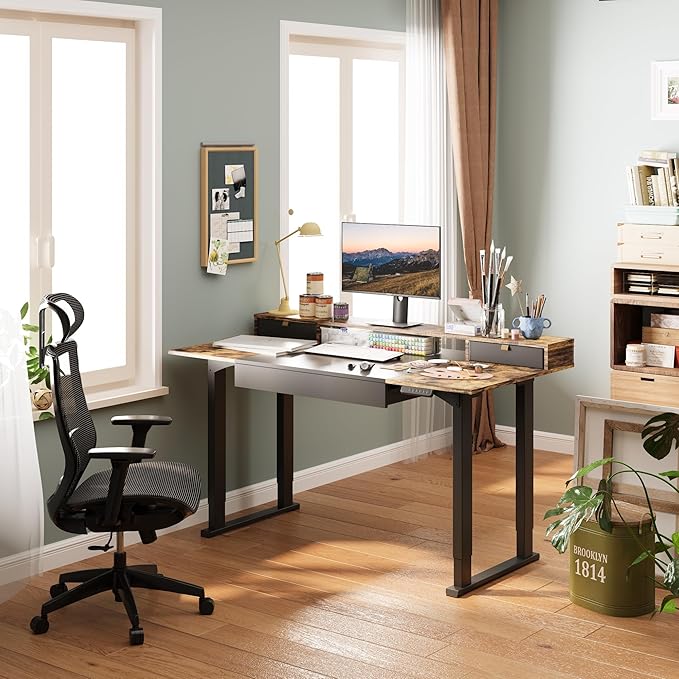 SANODESK Electric Standing Desk with Drawers, 63 x 32 inch Height Adjustable Computer Desk, Home Office Stand Up Desk with 3 Preset Heights, Black