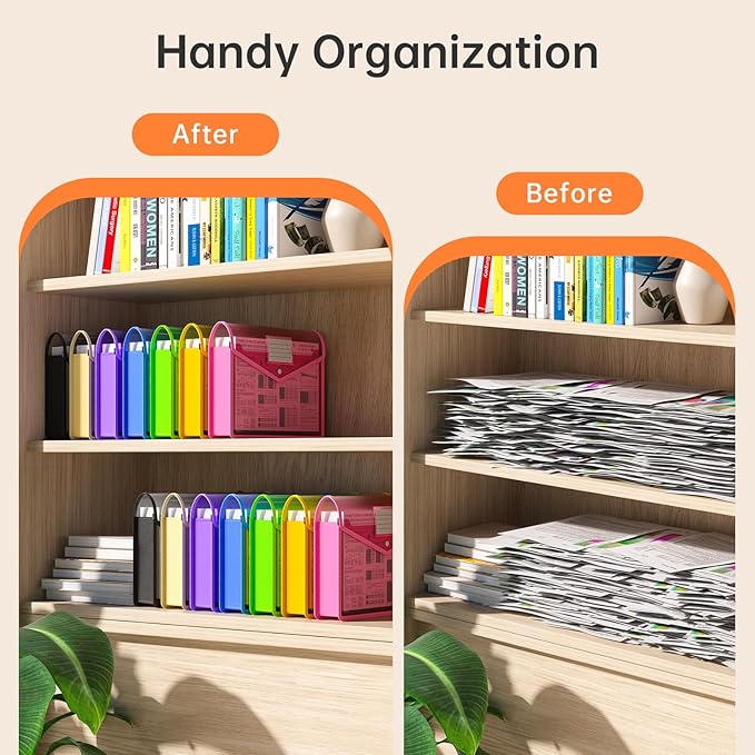 Plastic Expanding File Folder, Transparent envelopes with Snap Closure,No Dividers,Large Capacity,Assorted Colors,Bills&Taxes,Letter/A4 Size for School/Office/Home-7 Pack