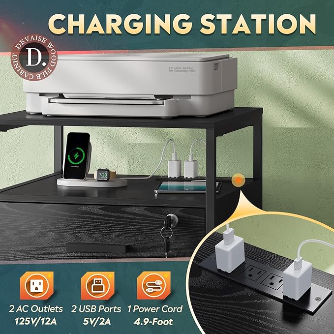 DEVAISE 2 Drawer File Cabinet with Lock and Charging Station, Wood Filing Cabinet fits A4 or Letter Size, Mobile Printer Stand with Open Storage Shelf for Home Office, Black