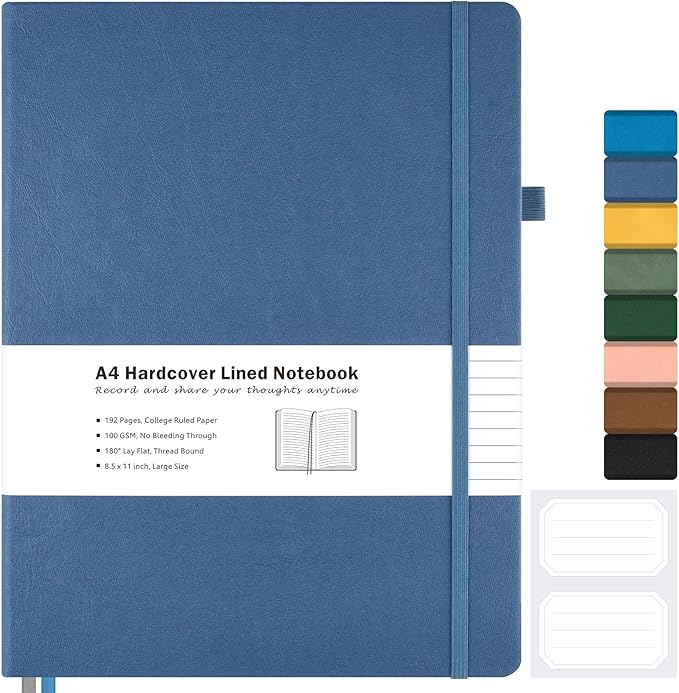 College Ruled Notebook, A4 Hardcover Leather Notebook for Work, Lined Notebook Journal for Women, Men, 192 Thick Paper, 8.5" x 11", Large Notebook with Pockets, Professional Business Notebook, Blue