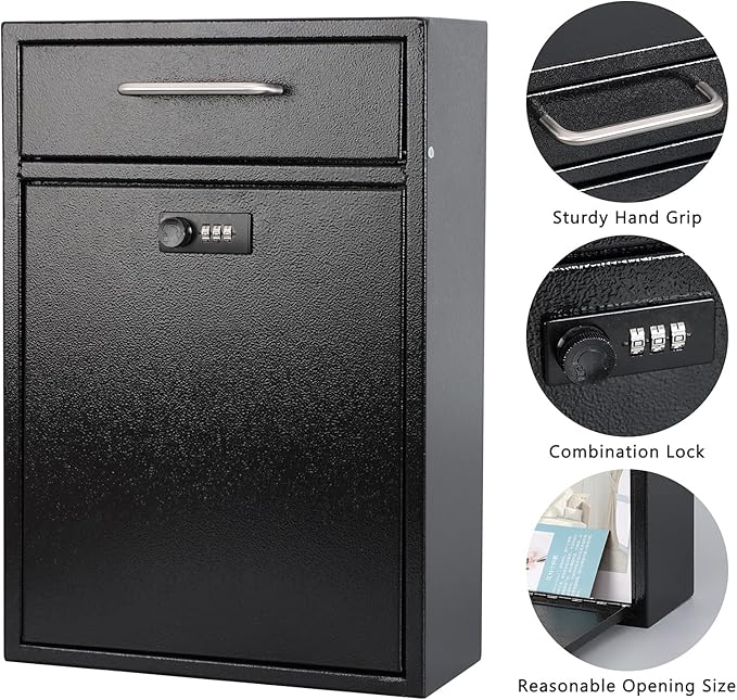 KYODOLED Steel Combination Lock Mail Boxes Outdoor,Locking Wall Mount Mailbox,Security Lock Drop Box,Collection Boxes,16.2H x 11.22L x 4.72W Inches,Black X Large