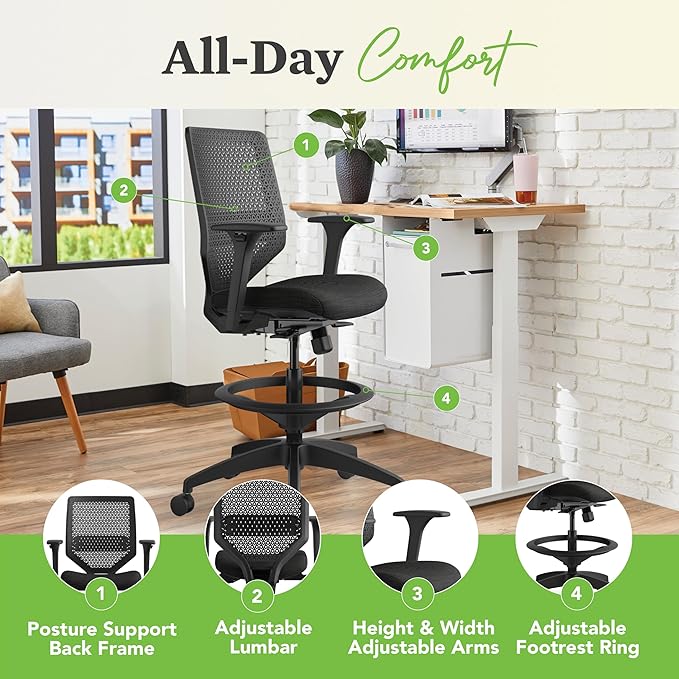 HON Solve Standing Desk Chair, ReActiv High Back Support, Office Chair with Foot Rest, Ergonomic Office Chairs, Adjustable Height