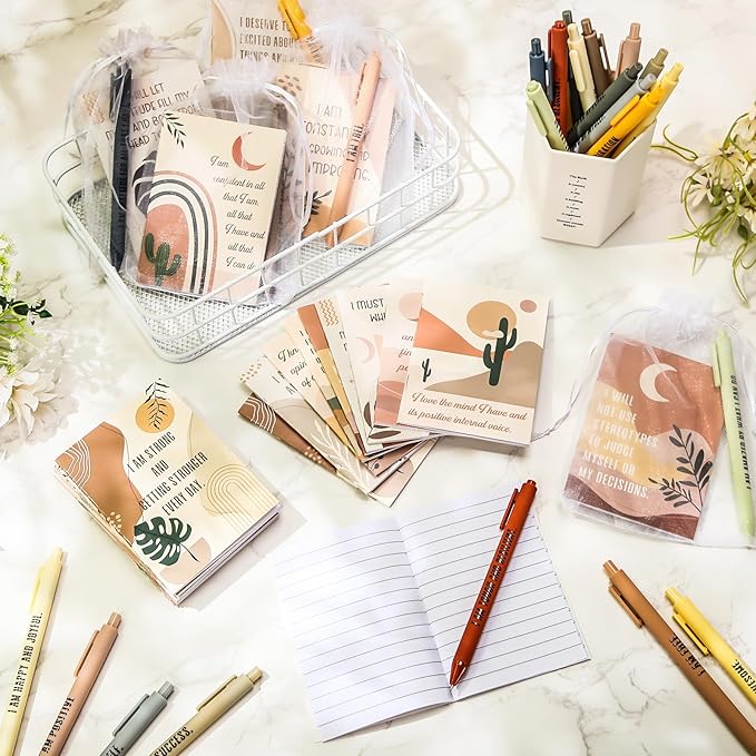 Mooliwe 12 Set/24 Pcs Positive Affirmation Gift Set Gratitude Notebooks with Pens Small Bags Motivational Encouragement Notepads Daily Affirmations Journal for Women Stress Relief Self Care(Rainbow)