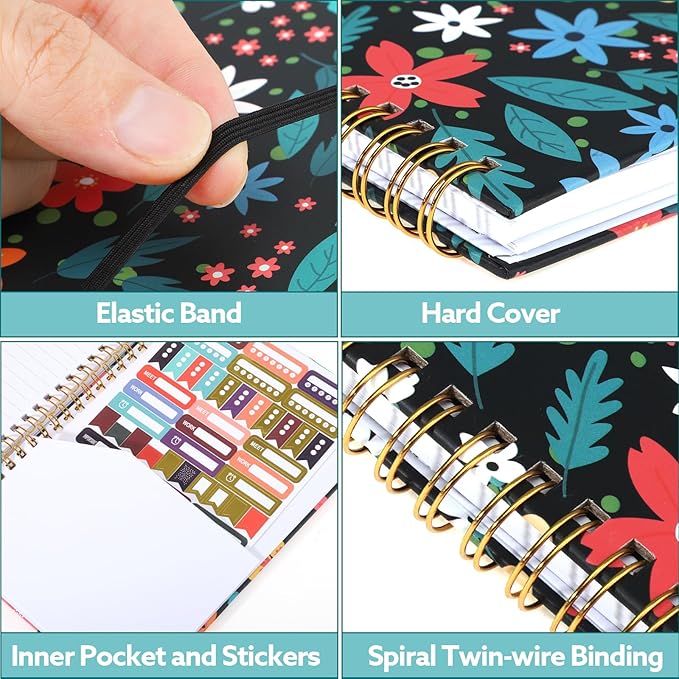 Lined Spiral Notebook, 140 Pages College Ruled Journal for Women A5 Journaling Notebooks for Work & Note Taking Perfect for Men Women Office Home School, 5.9" x 8.3" - Black Flower