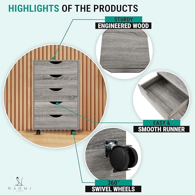 Naomi Home 5 Drawer Office Storage File Cabinet, Under Desk Cabinets for Organization Filing Cabinet with Wheels, Printer Stand Storage, 180 lbs Capacity - Gray Oak 11394AM