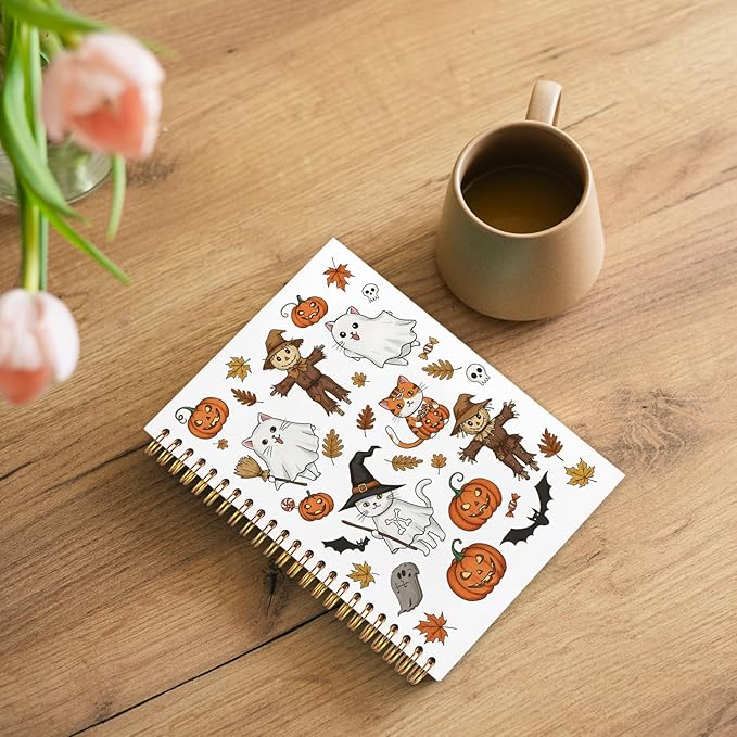 WUCHJ Halloween Notebook, Spooky Pumpkin Ghost Cat Bats Journal, Fall Maple Leaf Scarecrow Spiral Notebook Journal for Note Taking, Fall Halloween Office Supplies, 5.5x8.3 Inch