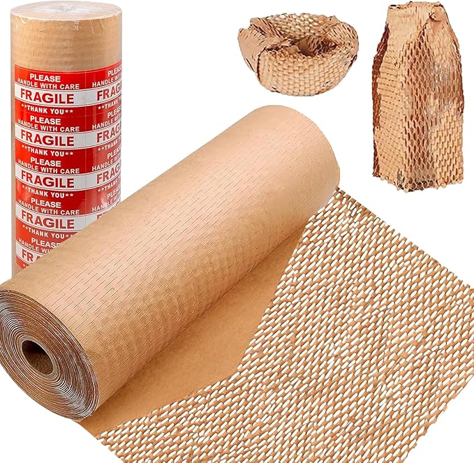 Honeycomb Packing Paper, 12" x 400' Honeycomb Cushioning Wrap Roll for Moving Shipping Packaging Gifts, Recyclable Honeycomb Paper Bubble Paper Wrapping with 20 Fragile Sticker Labels