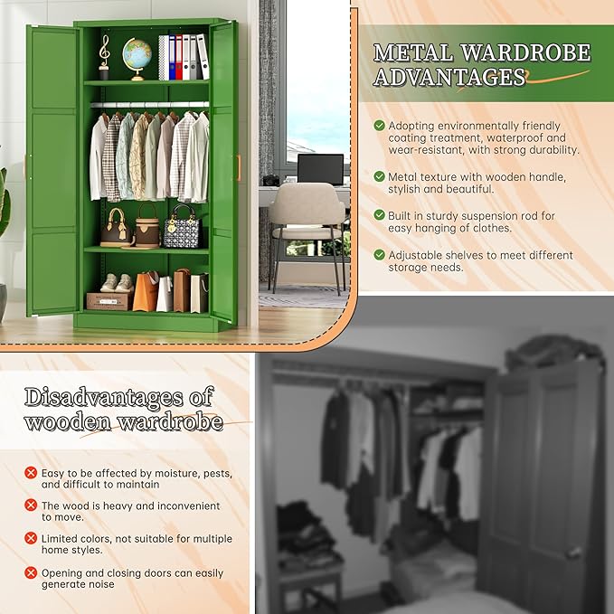 Greenvelly Metal Storage Wardrobe Cabinet with Lock, 71" Green Metal Wardrobe Closet for Hanging Clothes with Doors and Shelves, Modern Steel Clothes Closet for Home, Office and Bedroom, School,Gym